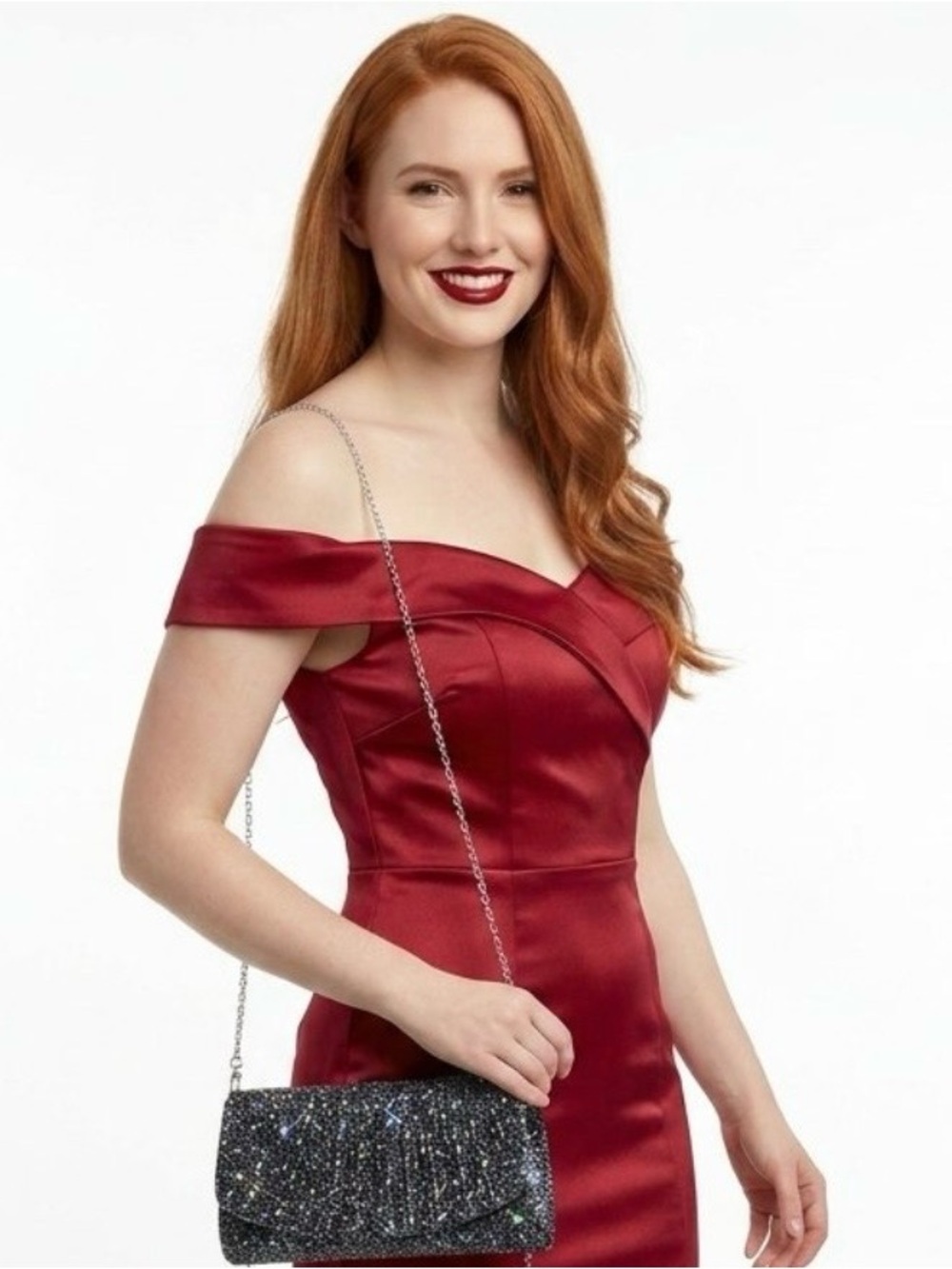 CC Designs Black Glitter Shoulder, Clutch Crossbody Bag Silver Chain